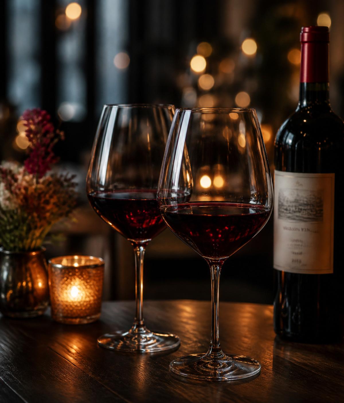 Copas de vino tinto con velas