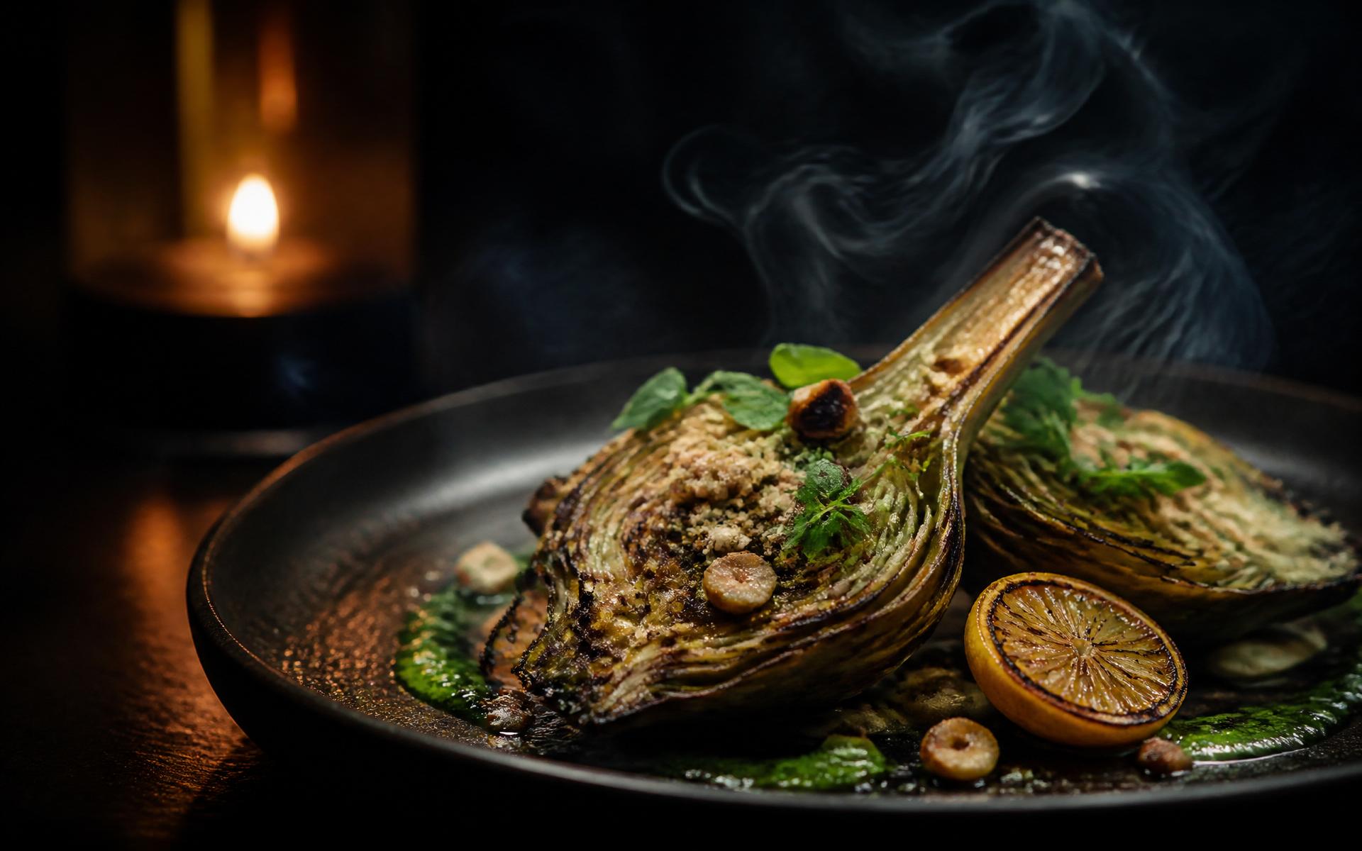 Plato de alcachofa a la brasa con avellana y limón confitado