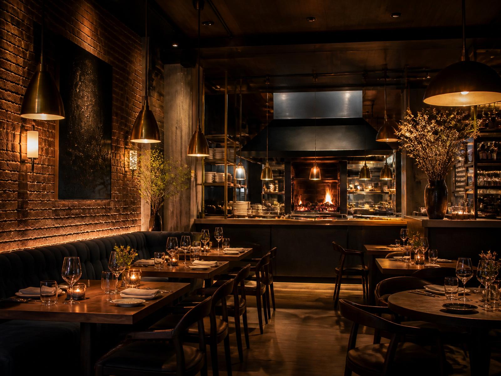 Interior de Olivo con parrilla al fondo, luces cálidas y mesas de madera