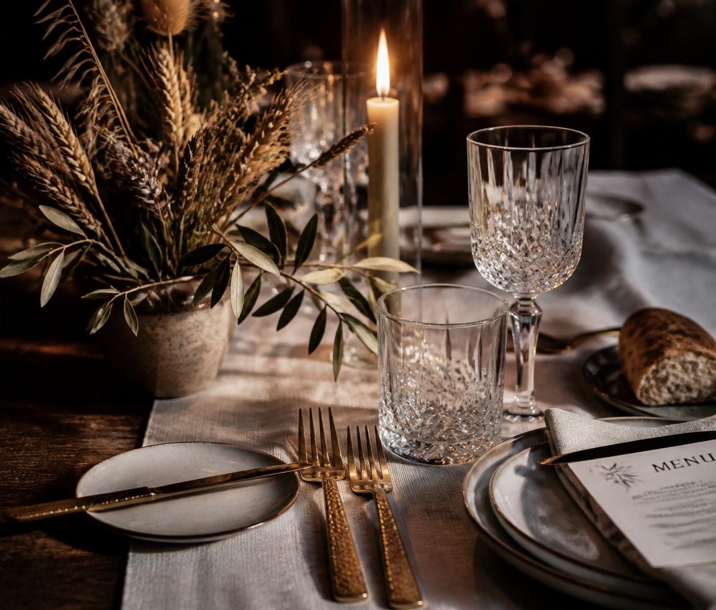 Detalle de mesa con vela y cubertería