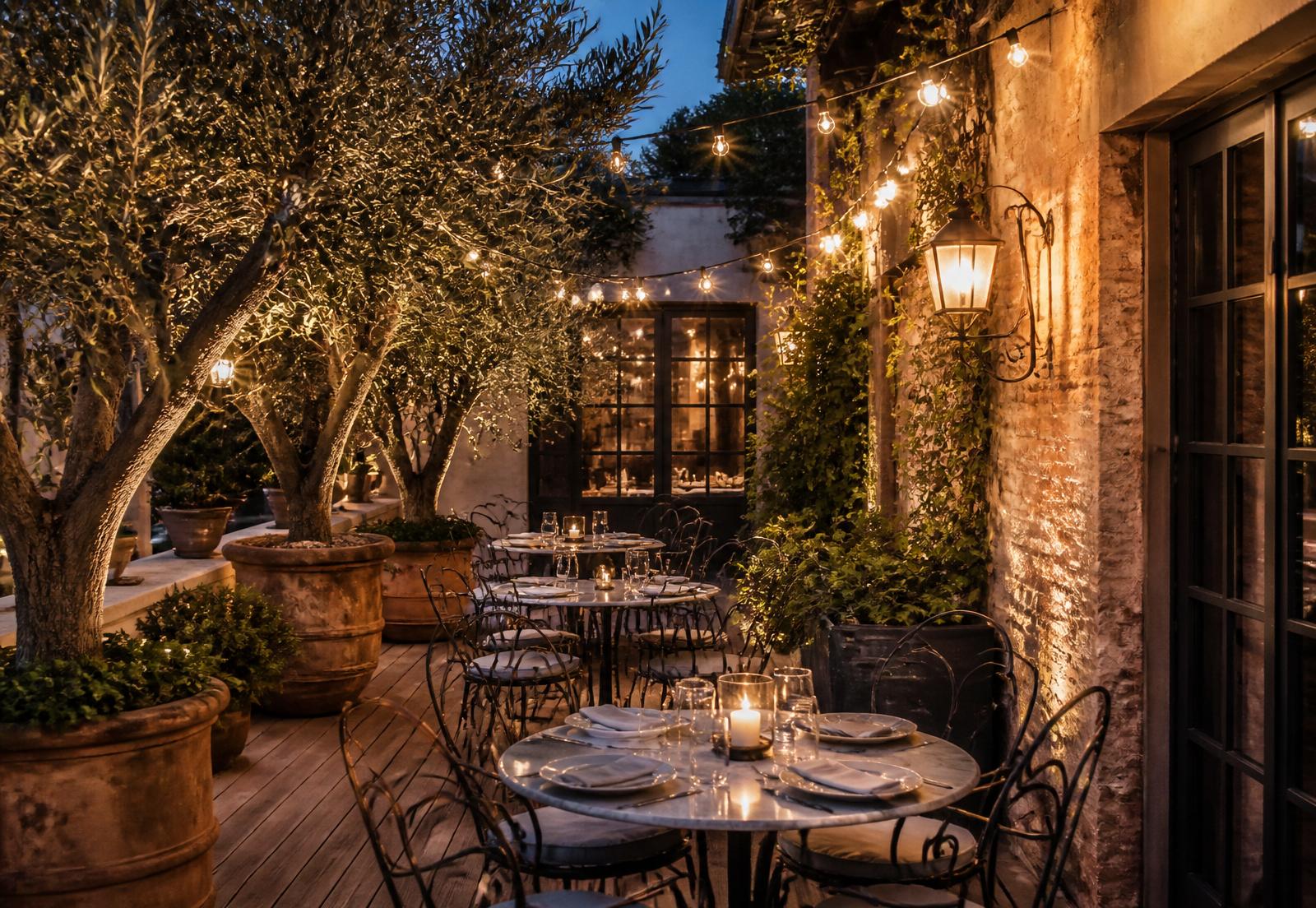 Terraza al anochecer con luces cálidas